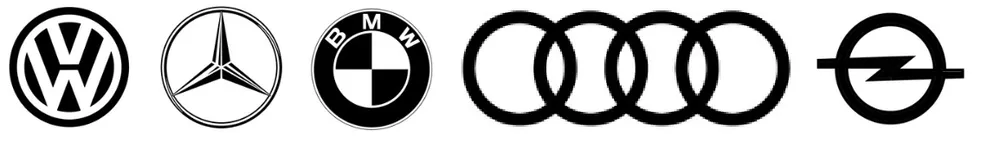 Circular car manufacturer brand logos including BMW, Mercedes-Benz, Audi and Volkswagen
