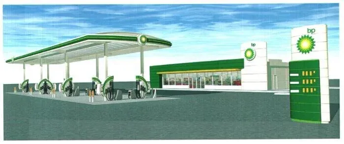 BP petrol station showing green, yellow and white colour trademark